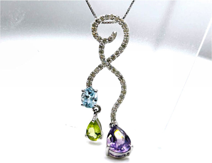 2.17ct Amethyst, Peridot, Aquamarine & Diamond Drop Necklace in 14K & 18K White