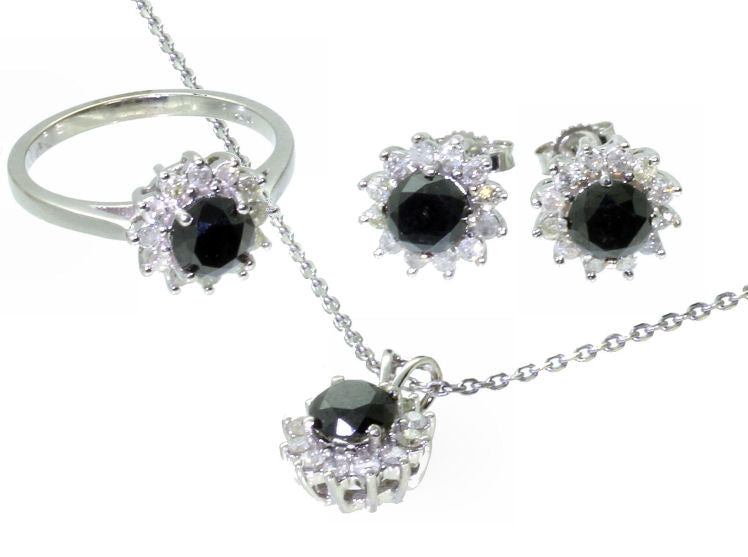 4.00ct Black & White Diamond Necklace, Earrings & Ring Set in 18K & 14K Gold