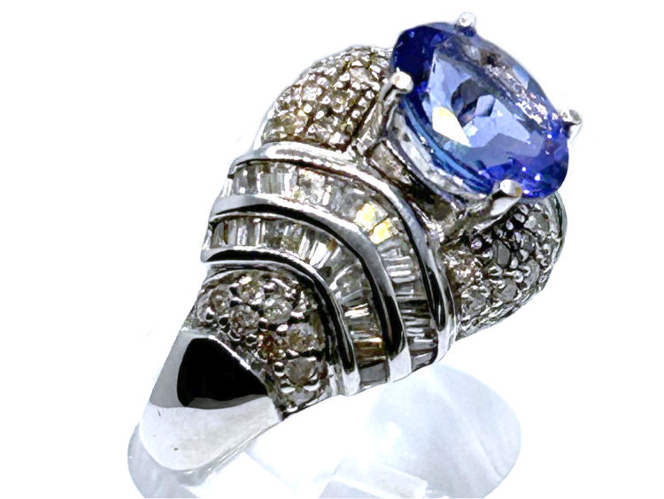 4.41ct Tanzanite & Diamond Ring in 14K White Gold - Baguette Shape