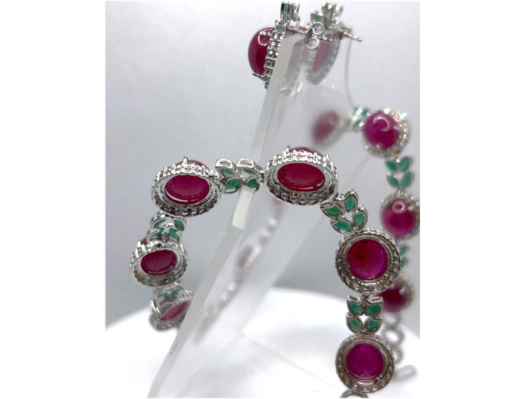 51.09ct Ruby, Emerald & Diamond Necklace & Earrings Set in 14K White Gold