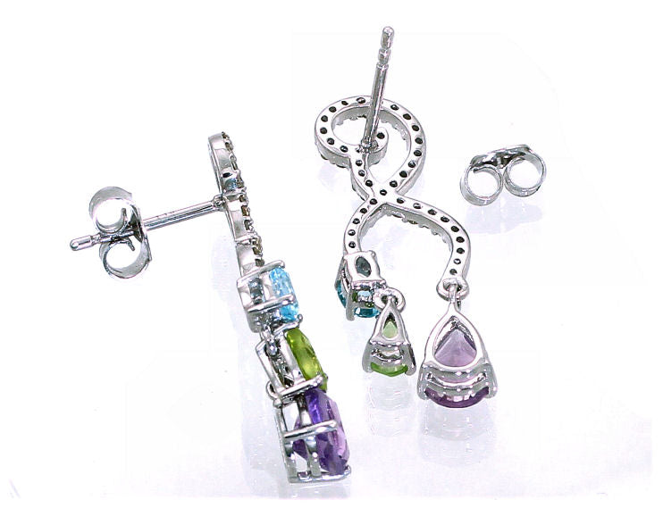 2.20ct Amethyst, Peridot, Aquamarine & Diamond Drop Earrings in 14K White Gold