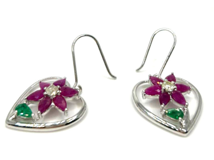 3.76ct Ruby, Emerald & Diamond Earrings in 18K White Gold