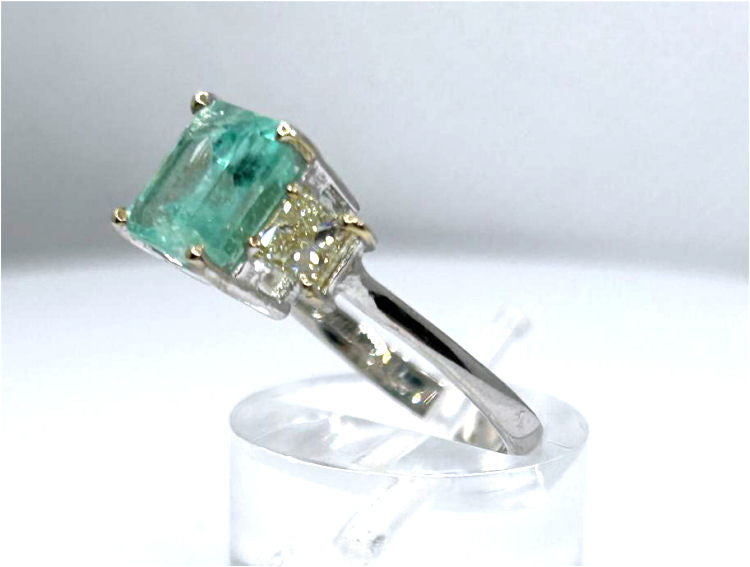 2.46ct Three-Stone Colombian Emerald & Diamond Ring in 14K White Gold