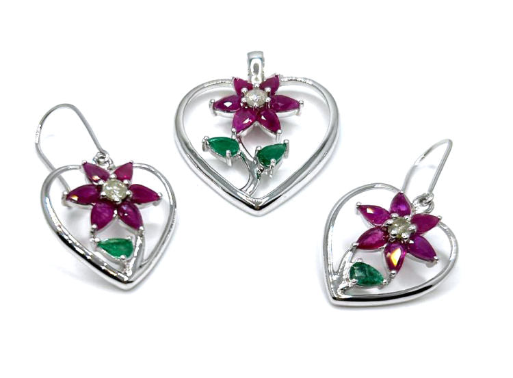 5.62ct Ruby, Emerald & Diamond Neckloace/ Earrings Set in 18K White Gold