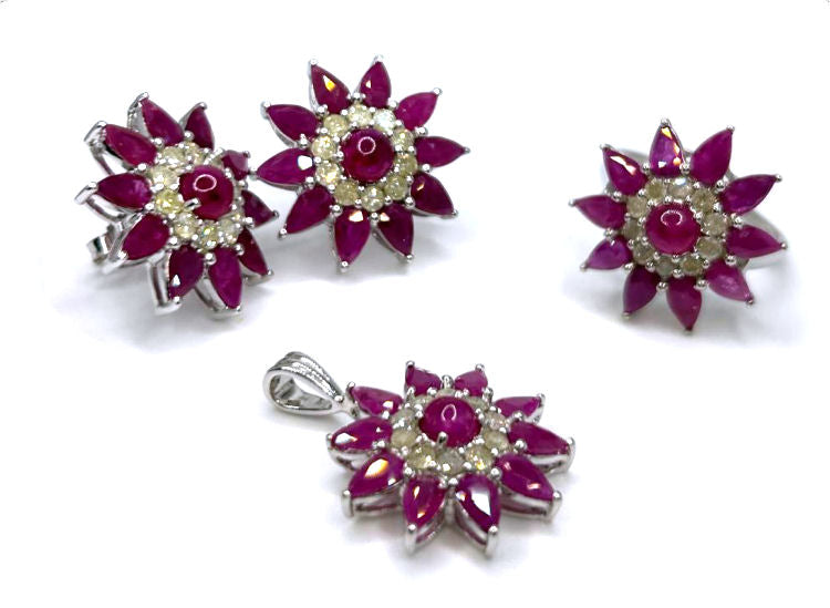 13.44ct Ruby & Diamond Necklace, Ring & Earrings Set in 18K White Gold