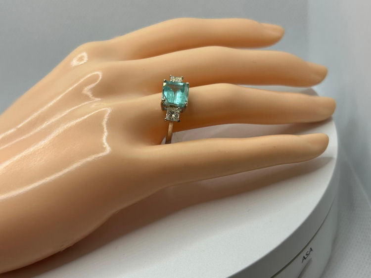 2.46ct Three-Stone Colombian Emerald & Diamond Ring in 14K White Gold