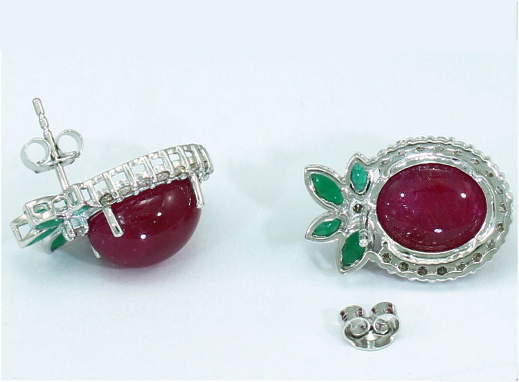51.09ct Ruby, Emerald & Diamond Necklace & Earrings Set in 14K White Gold