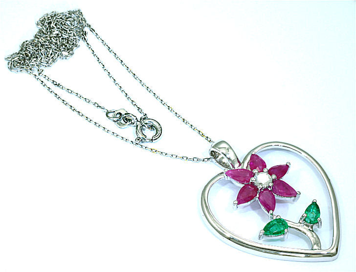 1.86ct Ruby, Emerald And Diamond Necklace in 18k White Gold