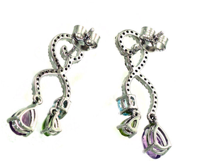 2.20ct Amethyst, Peridot, Aquamarine & Diamond Drop Earrings in 14K White Gold