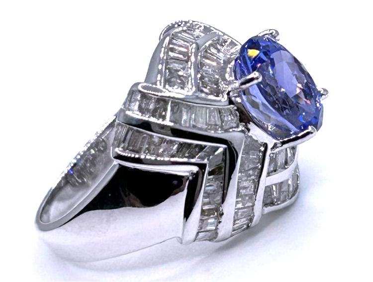 4.41ct Tanzanite & Diamond Ring in 14K White Gold - Round Shape
