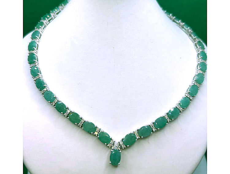 37.00ct Emerald & Diamond Necklace in 14K White Gold