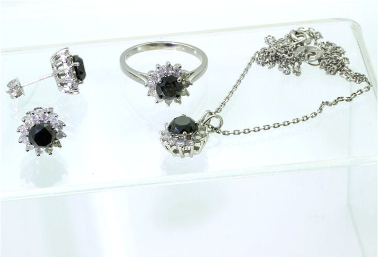 4.00ct Black & White Diamond Necklace, Earrings & Ring Set in 18K & 14K Gold