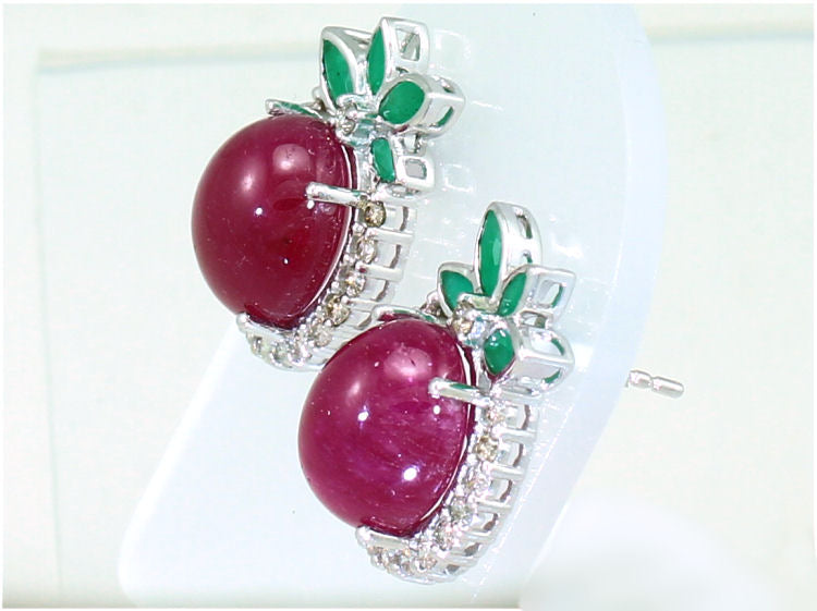 51.09ct Ruby, Emerald & Diamond Necklace & Earrings Set in 14K White Gold