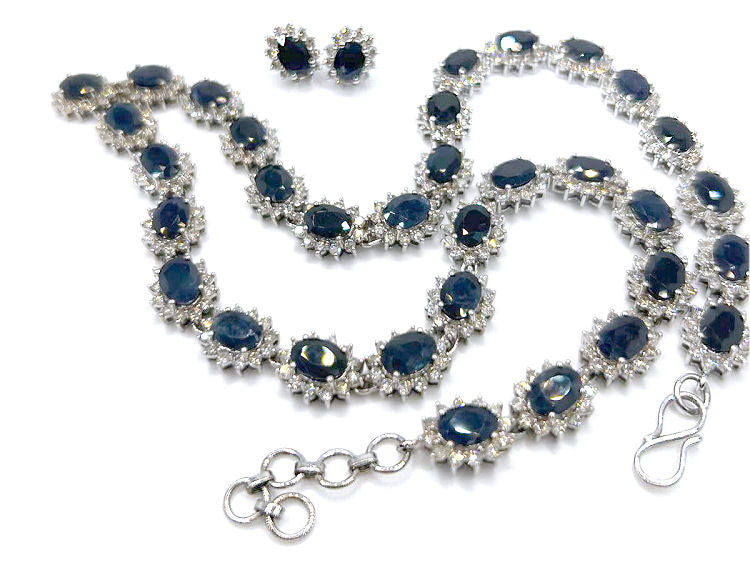 30.40ct Sapphire & Diamond Necklace & Earrings Set in 9K White Gold