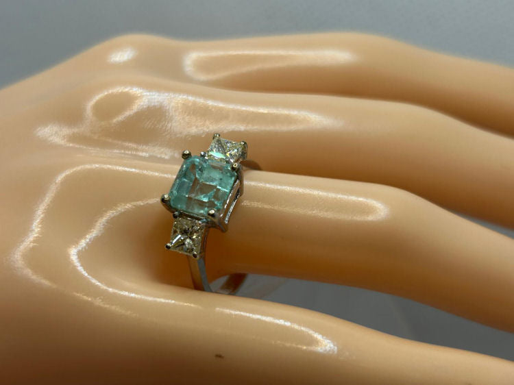 2.29ct Three-Stone Colombian Emerald & Diamond Ring in 14K White Gold
