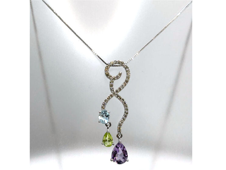 2.17ct Amethyst, Peridot, Aquamarine & Diamond Drop Necklace in 14K & 18K White