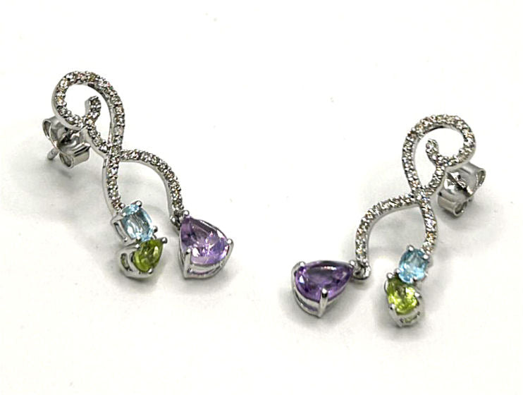 2.20ct Amethyst, Peridot, Aquamarine & Diamond Drop Earrings in 14K White Gold