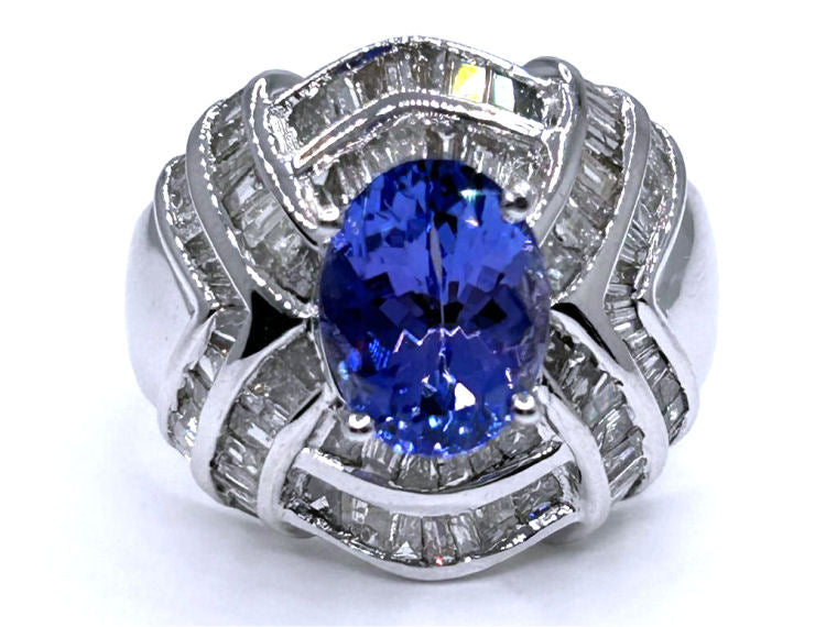 4.41ct Tanzanite & Diamond Ring in 14K White Gold - Round Shape