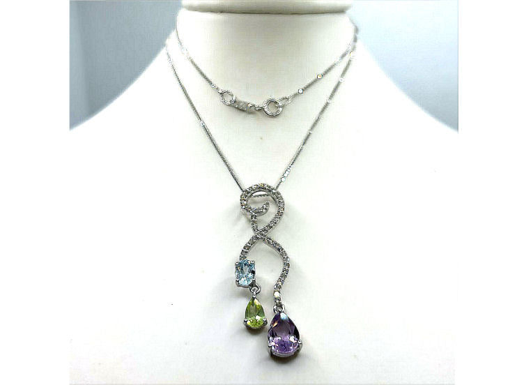 2.17ct Amethyst, Peridot, Aquamarine & Diamond Drop Necklace in 14K & 18K White