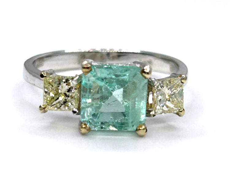 2.29ct Three-Stone Colombian Emerald & Diamond Ring in 14K White Gold