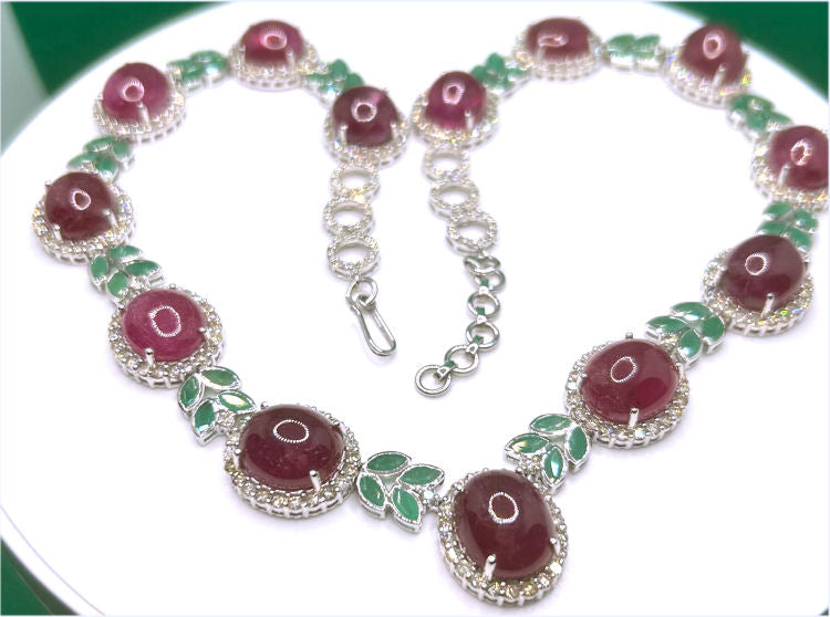 51.09ct Ruby, Emerald & Diamond Necklace & Earrings Set in 14K White Gold