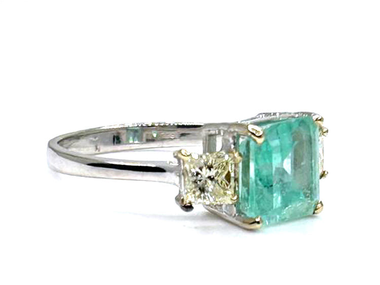 2.46ct Three-Stone Colombian Emerald & Diamond Ring in 14K White Gold