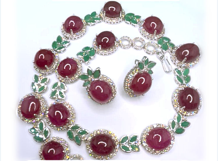 51.09ct Ruby, Emerald & Diamond Necklace & Earrings Set in 14K White Gold