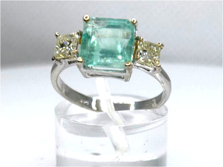 2.46ct Three-Stone Colombian Emerald & Diamond Ring in 14K White Gold