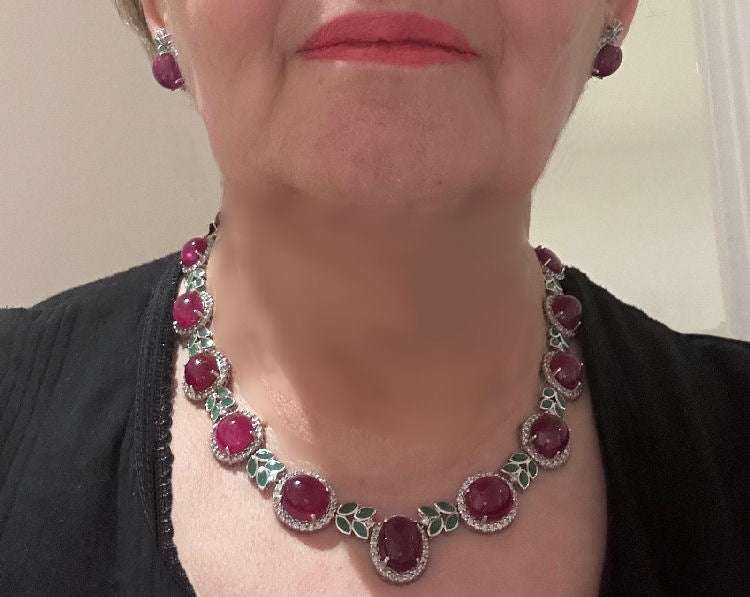 51.09ct Ruby, Emerald & Diamond Necklace & Earrings Set in 14K White Gold