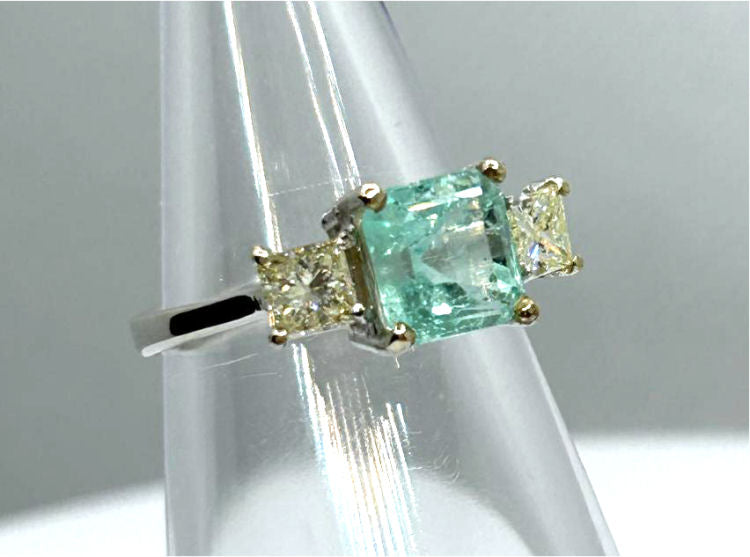 2.29ct Three-Stone Colombian Emerald & Diamond Ring in 14K White Gold