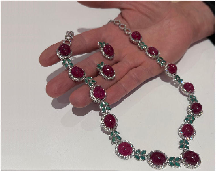 51.09ct Ruby, Emerald & Diamond Necklace & Earrings Set in 14K White Gold