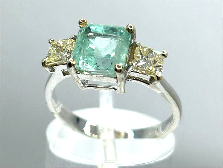 2.29ct Three-Stone Colombian Emerald & Diamond Ring in 14K White Gold