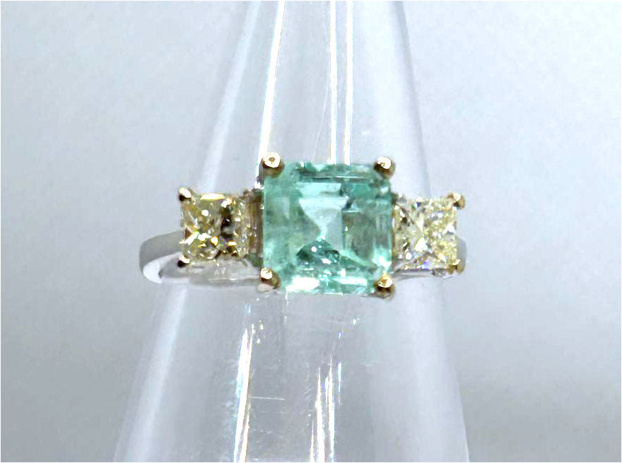 2.29ct Three-Stone Colombian Emerald & Diamond Ring in 14K White Gold