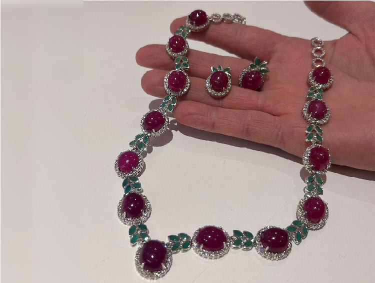51.09ct Ruby, Emerald & Diamond Necklace & Earrings Set in 14K White Gold