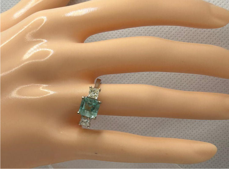 2.29ct Three-Stone Colombian Emerald & Diamond Ring in 14K White Gold