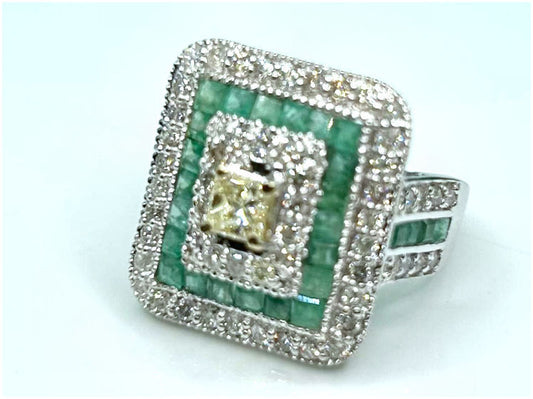 2.96ctw Diamond and Emerald Set in 18K White Gold Ring