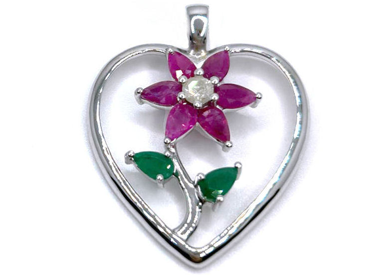 5.62ct Ruby, Emerald & Diamond Neckloace/ Earrings Set in 18K White Gold