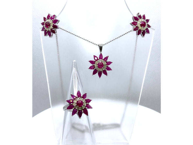 13.44ct Ruby & Diamond Necklace, Ring & Earrings Set in 18K White Gold