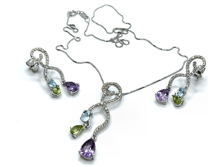 4.37ct Amethyst, Peridot, Aquamarine & Diamond Drop Necklace/ Earrings Set