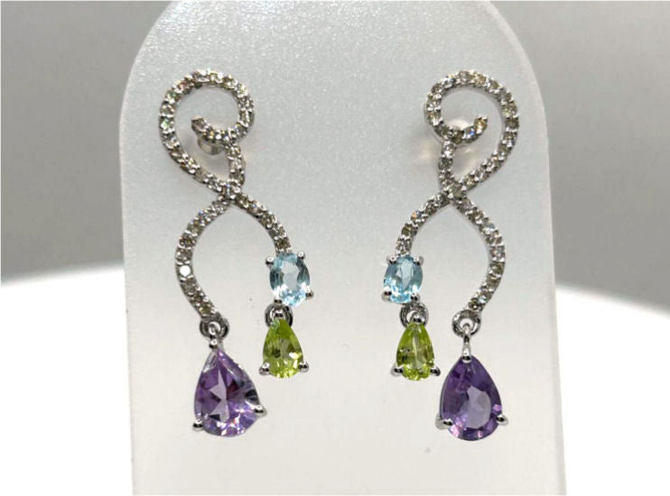 4.37ct Amethyst, Peridot, Aquamarine & Diamond Drop Necklace/ Earrings Set