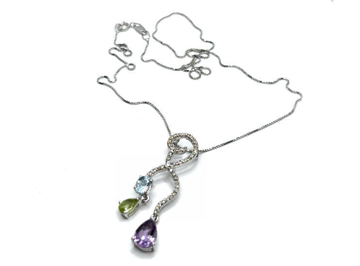 4.37ct Amethyst, Peridot, Aquamarine & Diamond Drop Necklace/ Earrings Set