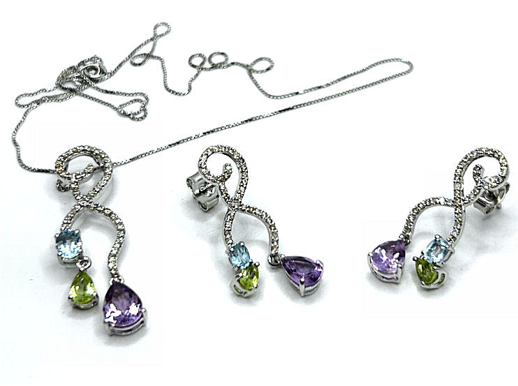 4.37ct Amethyst, Peridot, Aquamarine & Diamond Drop Necklace/ Earrings Set