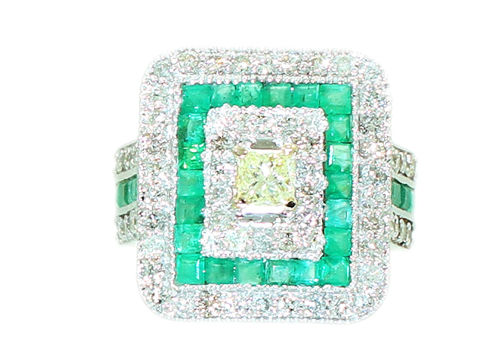 2.96ctw Diamond and Emerald Set in 18K White Gold Ring