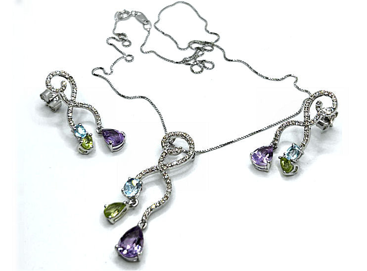 4.37ct Amethyst, Peridot, Aquamarine & Diamond Drop Necklace/ Earrings Set