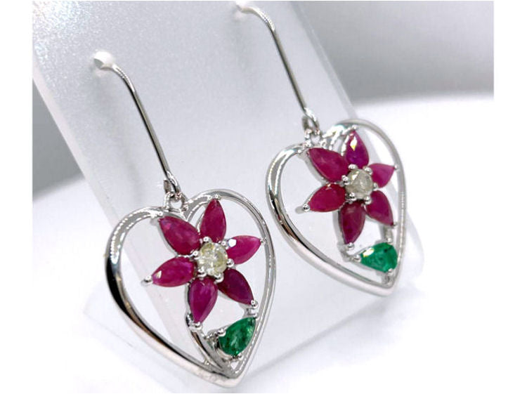 5.62ct Ruby, Emerald & Diamond Neckloace/ Earrings Set in 18K White Gold