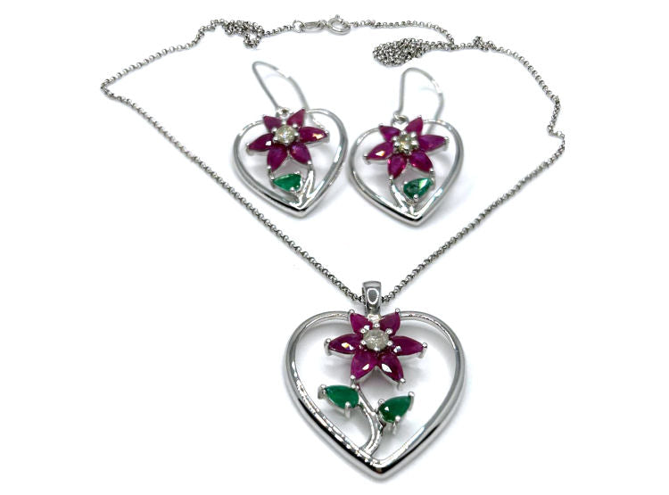 5.62ct Ruby, Emerald & Diamond Neckloace/ Earrings Set in 18K White Gold