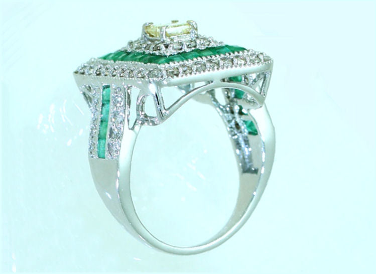 2.96ctw Diamond and Emerald Set in 18K White Gold Ring