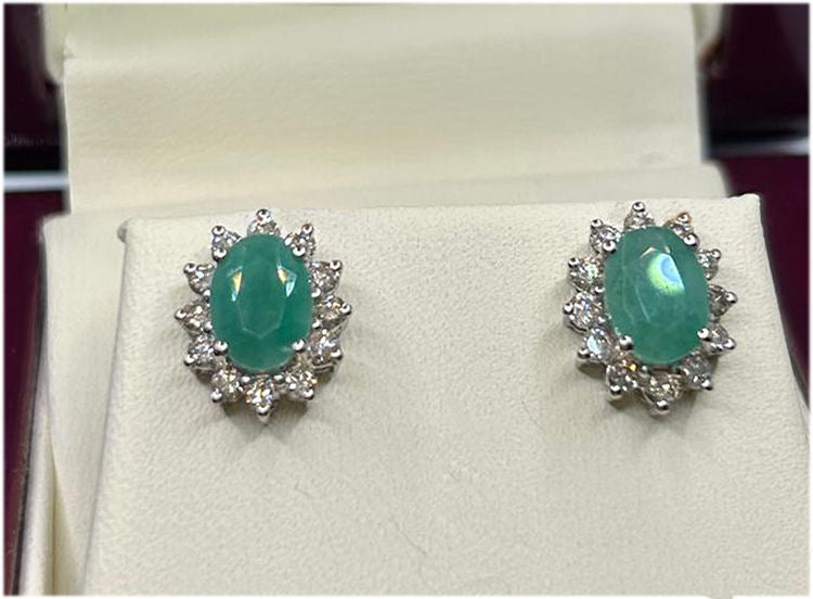 2.50ct Emerald & Diamond Earrings in 14K White Gold