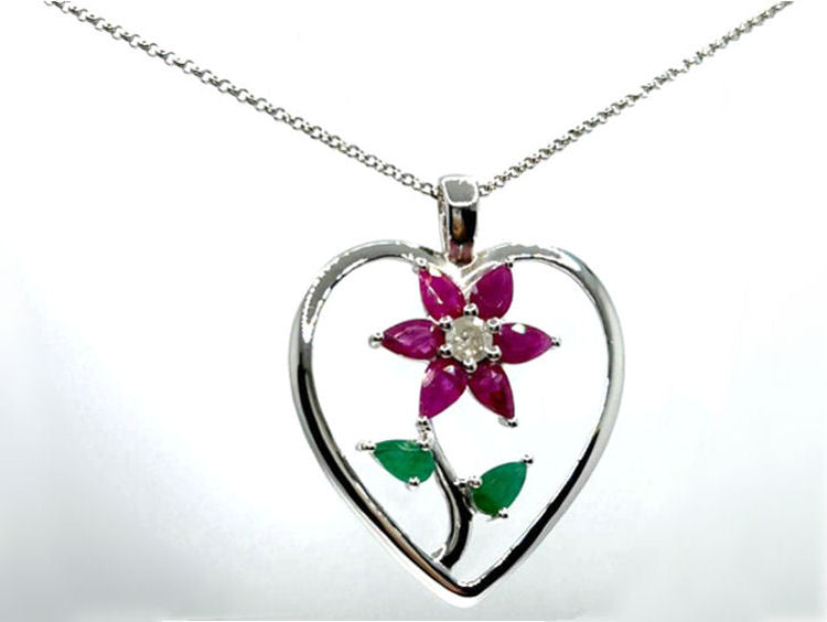 5.62ct Ruby, Emerald & Diamond Neckloace/ Earrings Set in 18K White Gold