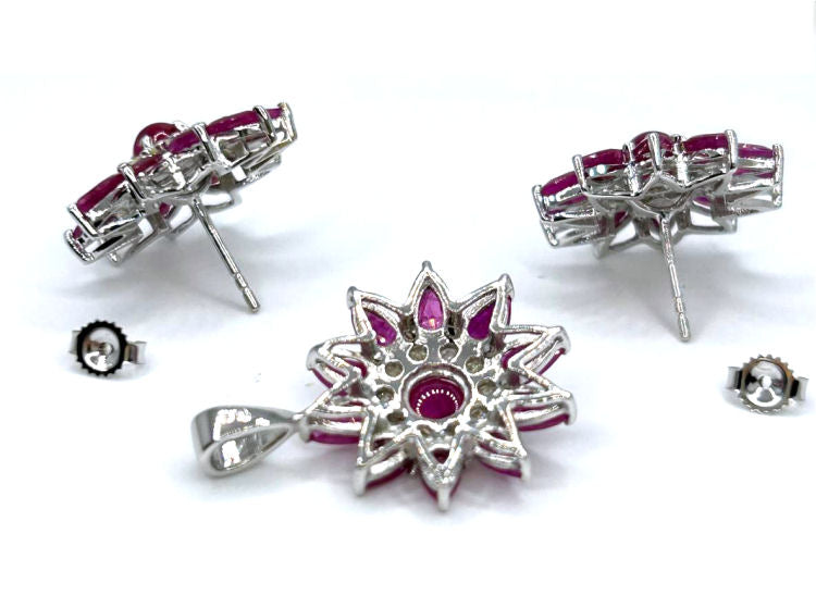13.44ct Ruby & Diamond Necklace, Ring & Earrings Set in 18K White Gold